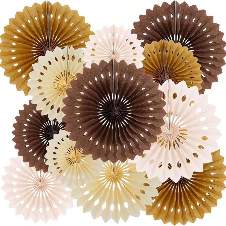 12 Peças Conjunto de Decoração de Leque Redondo de Favo de Mel de Papel Marrom, Adequado para Aniversário Boho Neutro, Chá de Panela, Despedida de Solteira, Cabine Fotográfica de Casamento, Decorações de Festa de Papel para Aniversário - B - Visão 1