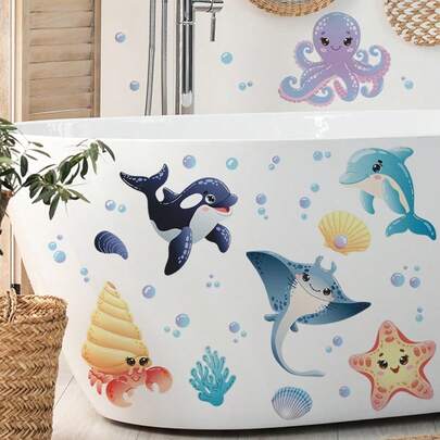 2 miếng dán trang trí tường hình động vật biển mùa hè, với họa tiết động vật biển đầy màu sắc, dùng để trang trí phòng khách, phòng ngủ, bồn tắm, tường, cửa. Miếng dán trang trí bằng PVC tự dính, có thể tháo rời, sử dụng một lần.