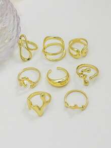 8pcs Vintage Geometric Round Open Ring Set, Asymmetrical Liquid Ring Suit, Suitable For Women's Holiday Party And Daily Wear Charm Jewelry Set - Yellow Gold - View 4