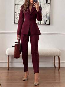 2pcs/Set Elegant Basic Slim Fit Blazer Jacket + Ankle-Length Pants, Suitable For Business, Commute And Daily Wear - 酒紅色 - 查看 5