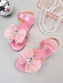 2026 New Girls Butterfly Sandals, Summer Princess Style Pink Rhinestone Open Toe Hook And Loop Shoes - Pink - View 1