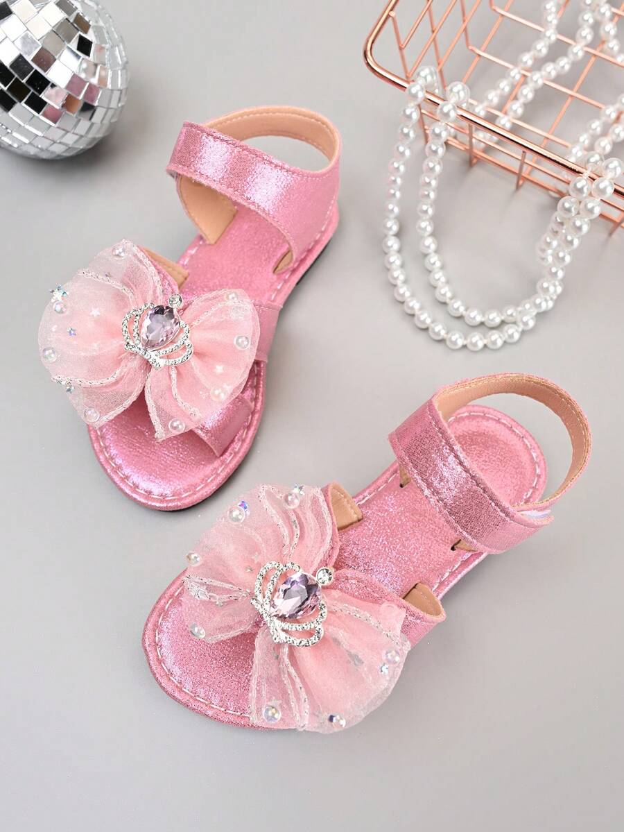 2026 New Girls Butterfly Sandals, Summer Princess Style Pink Rhinestone Open Toe Hook And Loop Shoes - Pink - View 1