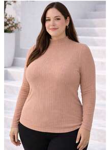 Women's Plus Size Long Sleeve Blouse With Medium High Ribbed Neck, Premium Comfortable Viscose - Marrón Mocha - Ver 6