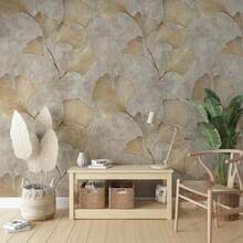 Bohemian Beige Floral Wallpaper Mural: Golden Leaf Effect, Removable Wallpaper - 1pc - View 3
