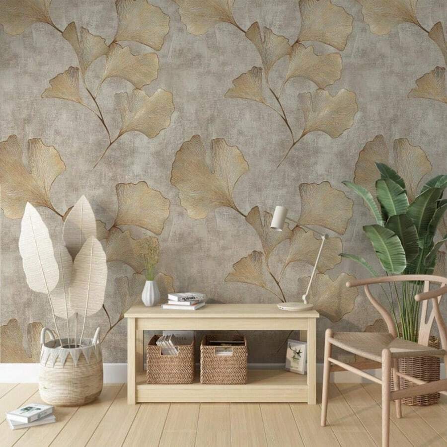 Bohemian Beige Floral Wallpaper Mural: Golden Leaf Effect, Removable Wallpaper - 1pc - View 1