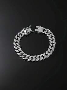 1pc 13mm Wide Men's Classic Full Diamond Cuban Link Chain Necklace & Bracelet Set - Style a - View 9