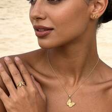 1 Set Stainless Steel Butterfly Jewelry Set, Heart Shaped Design, Classic Fashion, Earrings + Necklace + Ring, Mother's Day/Birthday/Valentine's Day Gift - Gold - View 4