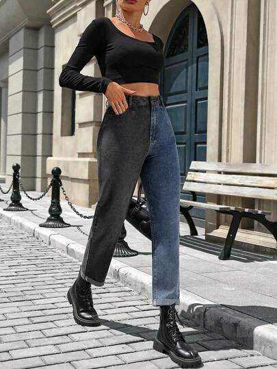 Pantalones casuales y elegantes de mezclilla con patchwork, versátiles para primavera/verano, vacaciones, uso diario, viajes y aeropuerto