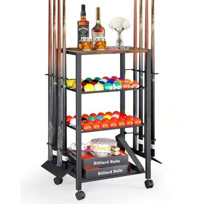 B0z5SGj8 Pool Stick Holder Rack Stand For 8 Cue Sticks - Billiard Game Room Storage Cart With Organizer For Balls Pool Table Accessories And Equipment - Heavy Duty Floor Stand Cue Stick Rack For Home Or Bar