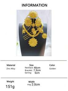 1 Necklace, 1 Pair Earrings, 1 Ring, 1 Bracelet, 1 Headchain, 1 Hair Clip, 6pcs Floral Pendant Jewelry Set, Fashion Accessories For Women, Suitable Saudi Arabia, Europe, Middle East, Dubai, Bride, Wedding, Party, Mother's Day, Graduation, Birthday, Valentine's Day, Music Festival, Holiday Gift For Girlfriend - Yellow Gold - View 6