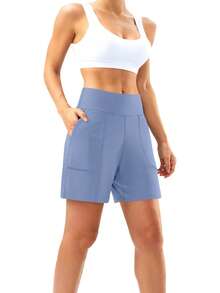 1pc Plus Size Women Sports Shorts, High Waist Elastic Tummy Control Tight Yoga Shorts, Casual Fashion With Pockets For Outdoor Workout & Layering - Baby Blue - View 4