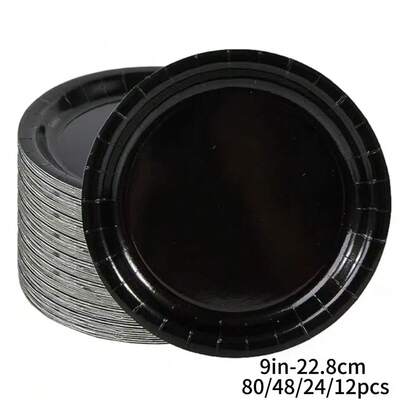 9-Inch Disposable Black Paper Plates, Leak-Proof & Thick, 3-Second Cleanup, Party & Camping Use, High Cost Performance, 80/48/24/12pcs Disposable Paper Plates, Cake Plates, Food Plates For Wedding, Birthday, Party, Graduation, Christmas, Thanksgiving, Halloween, Ramadan, Easter Decoration And Kitchen Supplies