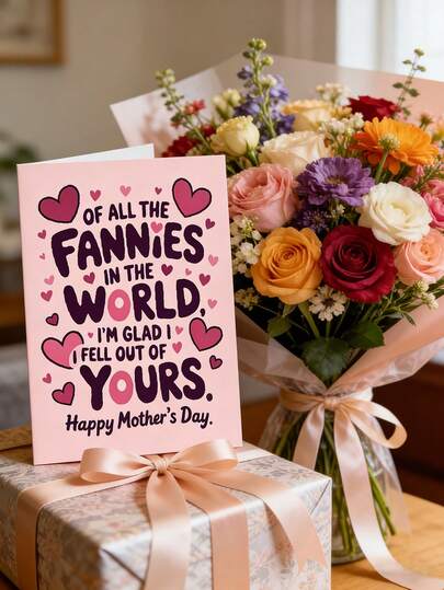 Mother's Day Card With Envelope - Pink Heart And "OF ALL THE FANNIES IN THE WORLD, I'M GLAD I I FELL OUT OF YOURS" - Humorous And Sincere Emotional Message - Unique Mother's Day Blessing, Mother's Day Card For Mom, For Birthday, Mother's Day, Thank You & Any Occasion, Mother's Day Gift