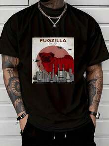 Un bulldog carlino gigante rojo simboliza fuerza humor e imaginación sobre un fondo urbano con helicópteros y rascacielos creando contraste visual inspirador camiseta de hombre 100% algodón cómoda y moderna - Negro - Ver 8