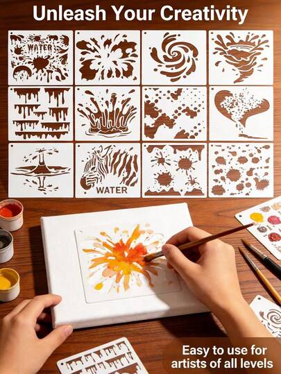 16pcs Graffiti Splash Painting Stencils, Reusable Hollow Texture Plastic Templates For Ceramics, Walls, Paper Boxes, Scrapbooking, Decorative DIY Art Printing Masking Boards