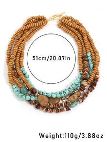 Bohemian Style Multi-Layer Beaded Necklace, Malachite Brown Vintage Faux Turquoise Wood Inlay Vacation Style Choker Necklace - Multicolor - View 3