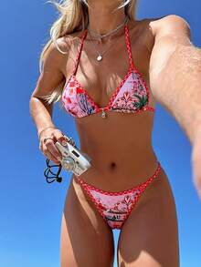 Sexy Backless Tie-Up Bikini Set, Includes Elegant Thong Swimsuit, Made Of Medium Stretch Fabric Vacation - Hot Pink - View 5