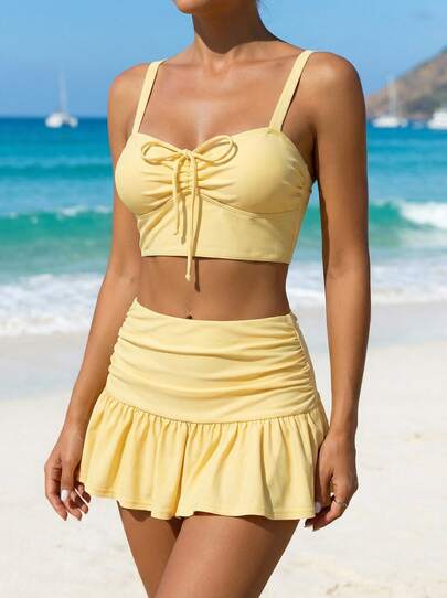 Sultry Sol 3件套/组 圣诞节、新年、情人节服装，显瘦纯色，性感，欧美时尚，波浪裙摆，荷叶边褶皱短裙，可拆卸泳衣胸垫，可调节肩带，节日装扮，可爱柔软休闲外出海边沙滩派对奢华比基尼套装