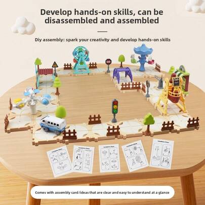 Juguete de coche de pista para niños, nuevo set de rompecabezas de laberinto DIY, incluye escenas de ensamblaje de nave espacial, noria, barco pirata, desarrolla las habilidades lógicas de los niños, adecuado como regalo de vacaciones/cumpleaños para niños de 3+ años (se requieren 2 pilas AA)
