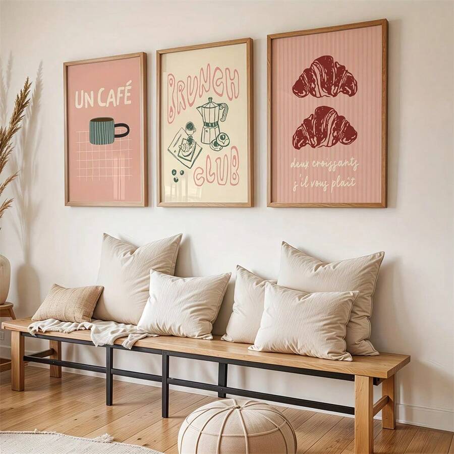 帆布海报 - 现代粉色厨房，咖啡和羊角面包早午餐主题，“一杯咖啡，你喜欢吗？” 适合餐厅的英文墙画 - 背面带粘胶，竖版肖像墙画，可选画框 - 多色 - 查看 1