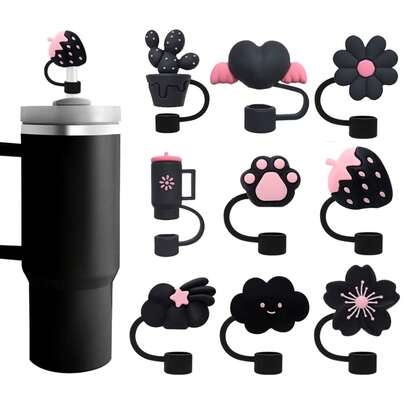 兼容斯坦利杯配件 9 件装黑色球杆吸管盖，适用于 40 盎司和 30 盎司杯子，10 毫米可重复使用可爱饮用吸管盖配件，便携式保护塞装饰礼品，可爱卡通吸管防尘盖