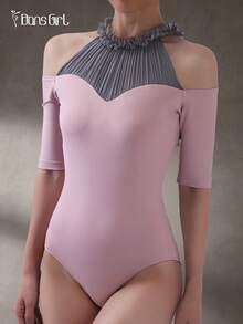 DonsGirl 女士芭蕾舞紧身衣，荷叶边领口饰有蕾丝花边，半袖，春季舞蹈表演服 - 藕粉色 - 查看 12