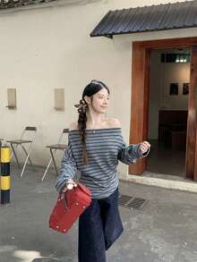 Áo lót nữ mùa xuân/hè mới, chất liệu co giãn, mềm mại, trễ vai, kẻ sọc, kiểu dáng suông, xếp ly eo, dáng ôm thoải mái. - Xám - Xem 5