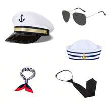 情侣水手船长角色扮演套装 | 万圣节派对服装 | 包括帽子、围巾、领带和眼镜 - 彩色 - 查看 2