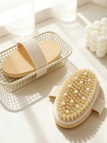 1pc Soft Bristle Massage Wooden Bath Brush, Oval Shaped With Massage Beads, Exfoliating Cleansing Bath Brush For Home, Hotel, Spa Use, 12.8CM - 1PC Natural Wood Color - View 1