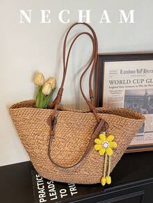 1 chiếc túi tote du lịch biển cỡ lớn có móc treo, kiểu dáng thường ngày, túi đeo vai tiện dụng cho kỳ nghỉ. - màu nâu - Xem 2