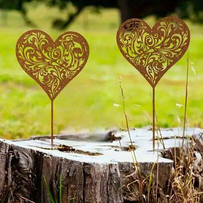 2pcs Rusty Metal Heart Silhouette Stakes - Farmhouse Garden Fence Decor, Iron Outdoor Decoration, Suitable For Wedding, Christmas, Valentine's Day, Thanksgiving, Anniversary - No Electricity Needed, Metal Art - For Backyard And Garden, Garden Decor, Holiday Yard Decoration, Decorative Garden Stakes, Weather-Resistant Decor, Outdoor Art, Metal Garden Decor - Farmhouse Style Christmas