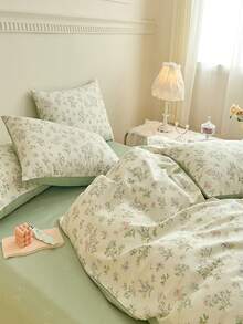 3-teiliges Bettwäsche-Set mit grünem Pflanzenmuster in Queen Size, Bettwäsche-Set mit blauer Schleife, niedliches Bettbezug-Set mit Erdbeermuster, 1 weicher Rüschen-Bettbezug und 2 Kissenbezüge (keine Füllungen enthalten) - Olivgrün - Übersicht 5