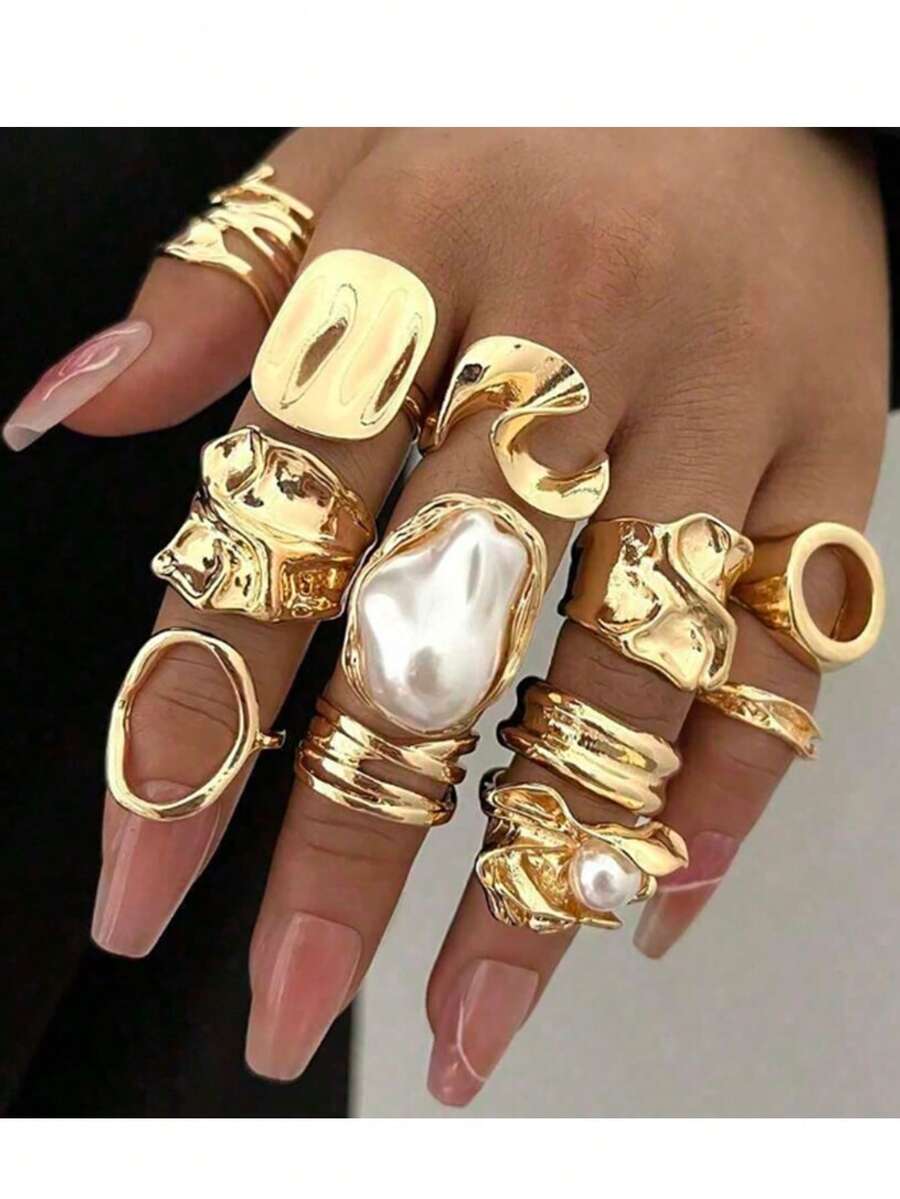 Set de 12 anillos asimétricos para mujer, juego de anillos de nudillo chapados en oro de lujo - Amarillo Oro - Ver 1