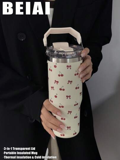 1个900毫升/30盎司不锈钢保温杯，蝴蝶结樱桃图案，户外运动水壶，平底杯，适合办公室、徒步旅行、野餐、居家、生日、情人节、母亲节、毕业典礼、周年纪念日、返校季等场合的礼物