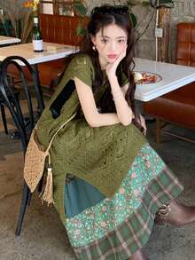 Hollow Out Sleeveless Women Round Neck Short Sleeve Sweater Dress - Army Green - View 6