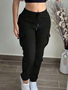 Pantalones cargo de mujer de moda elegantes de unicolor, con bolsillos, cintura elástica y cordón - Negro - Ver 2