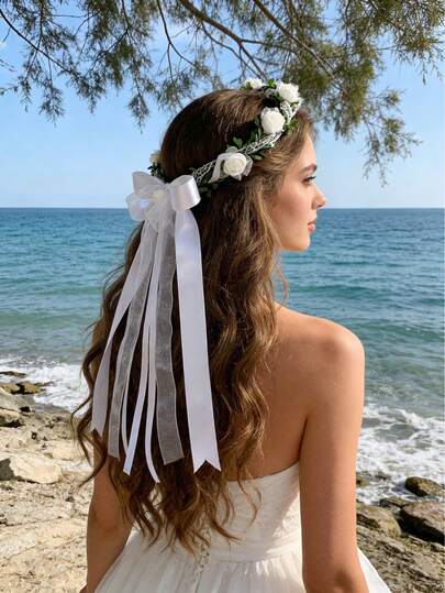 1pc Elegant European Style Faux Flower Wreath Bow Ribbon Headband, Bridal Wedding Party Hair Accessory For Women