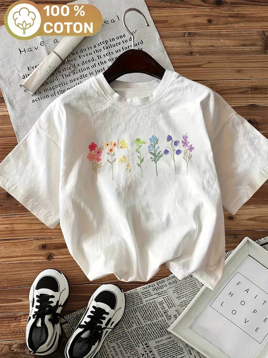 Chemise Femme à Manches Courtes Col Rond - Imprimé Floral, Design Botanique Éclatant, Lavable en Machine et Respirante pour Printemps & Été, T-Shirt Décontractée Coupe Détendue, Tissu Non Transparent haine vara - Blanco - Ver 1