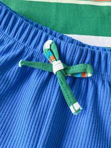 两件套男婴条纹圆领针织上衣和蓝色弹力腰短裤套装 - 墨綠色 - 查看 7