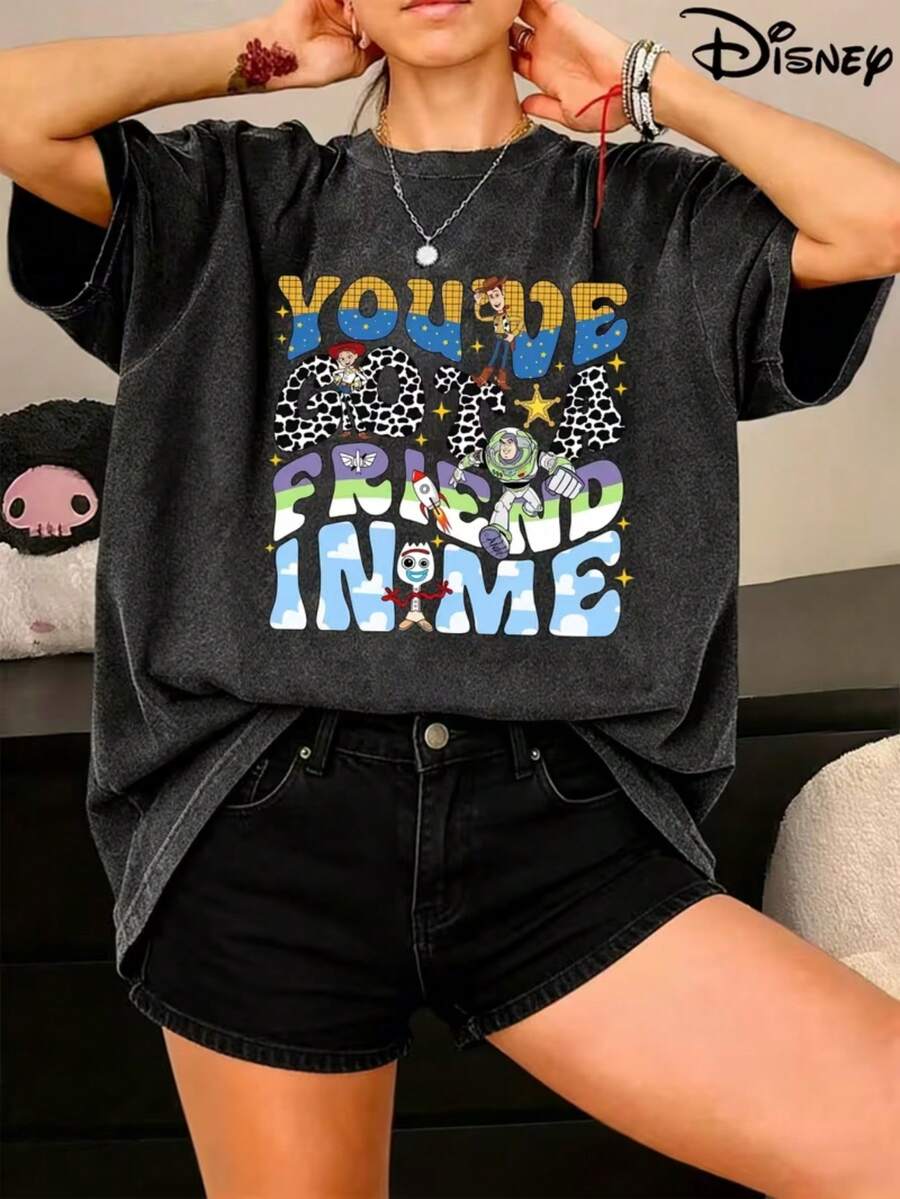 Disney Official Women's Vintage Washed Distressed T-Shirt, "Toy Story" SloganVintage Style, Suitable For Daily Shopping / Vintage Playful  Stylefor Girlfriend Gatherings, Unisex, Ideal For Holidays, Parties, Birthdays,Gifts, Dates, Vintage - Black - View 1