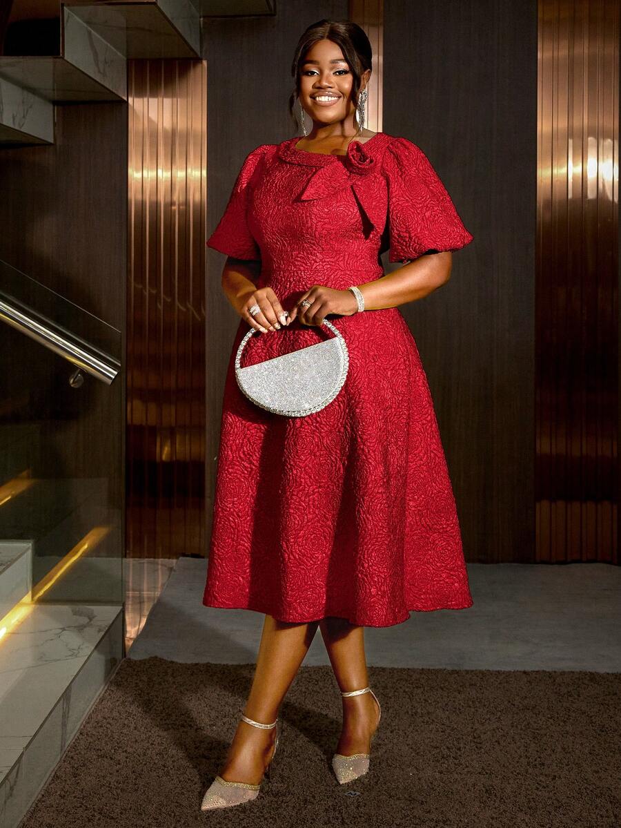 Women Plus Red Size Rose Jacquard Flared Puff Sleeve A-Line Graduation Dress Party Wedding Fall