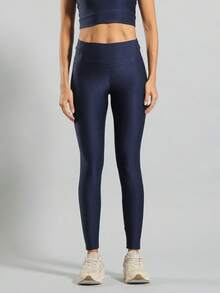 FITNATION Leggings Set With Waistband Pocket + Longline Cropped Top In Micro-Ribbed Fabric With SHINE And HIGH Elasticity And Support. - Navy Blue - View 2