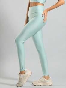 FITNATION Leggings Set With Waistband Pocket + Longline Cropped Top In Micro-Ribbed Fabric With SHINE And HIGH Elasticity And Support. - Verde agua - Ver 4