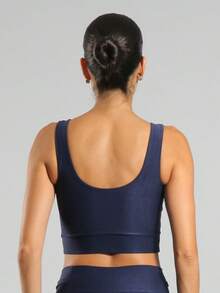 FITNATION Leggings Set With Waistband Pocket + Longline Cropped Top In Micro-Ribbed Fabric With SHINE And HIGH Elasticity And Support. - Navy Blue - View 6