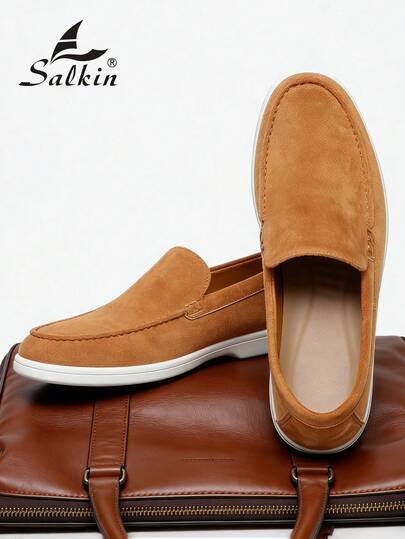 Salkin Designer Fashion Men's Slip-On Loafers, Solid Color Faux Suede Casual Shoes, Soft & Comfortable, Non-Slip, Wear-Resistant, Versatile For Casual, Business, Party, Wedding, Spring/Summer/Fall, Large Size Available, Please Order One Size Up