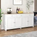 White-Veined Wooden Sideboard With Four Doors And Three Drawers, Ideal For The Living Room And Dining Room. Wood And White Color.