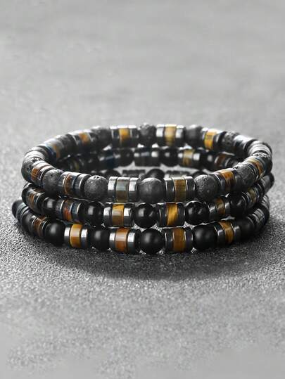 1pc Casual Style Stone Grounding Bracelet 6mm Agate & Volcanic Rock Protection, Confidence, Strength, For Men And Women Meditation Jewelry Accessory
