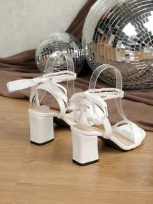 女士新款厚底露趾凉鞋，性感百搭连衣裙鞋，白色珍珠链系带性感凉鞋 - 白色 - 查看 9