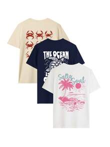 3 pièces/set T-shirts amples à manches courtes pour femmes avec thème océanique. Hauts respirants imprimés avec "mer m'appelle", "Ne sois pas en colère" et "Âme salée". Convient pour les vacances d'été, les fêtes de plage, le port quotidien, parfait pour les temps chauds et les rassemblements décontractés entre filles - Multicolore - Voir 3