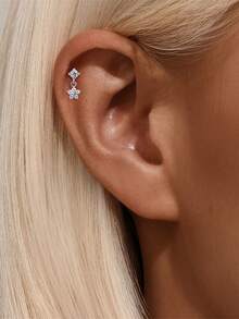 1Pc Moissanite Flower 925 Sterling Silver Earrings For Women Classic Romantic Stud Earring Flat Back Helix Cartilage For Daily Wear Wedding Engagement Fine Jewelry - Silver - View 2